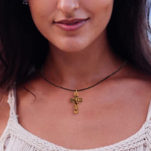 MaMeMi Hermosa cadena con colgante de auténtica madera de olivo de la Tierra Santa, cruz de Jesús, aprox. 4 cm