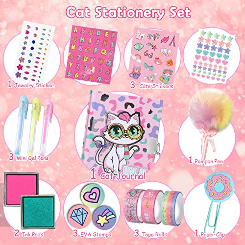 Pinkgarden Diario de Gatos para niñas con candado y Llaves, Set de papelería de Gatos con Sellos, Pegatinas y bolígrafos - Regalo de cumpleaños niños de 4 a 12 años