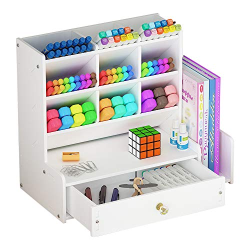 NUODWELL Organizador de escritorio con cajón, de color blanco y gran capacidad, para guardar bolígrafos y otros artículos de papelería, estante de almacenamiento para oficina, escuela y hogar