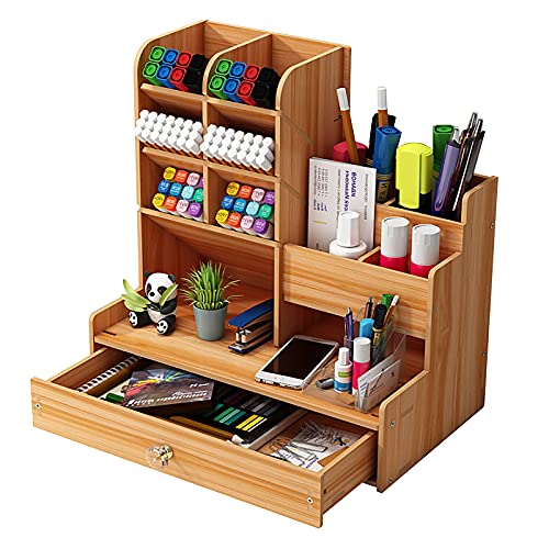 Hggzeg Organizador de escritorio de madera para escritorio DIY organizador de escritorio, caja de almacenamiento de papelería con cajón para el hogar, la oficina y la escuela (B17 color cereza)