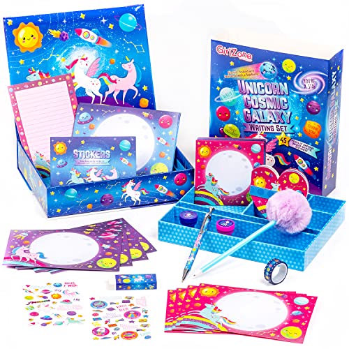 GirlZone Regalos para Niñas Set de Papel Carta de Unicornio Cosmic Galaxy, Papelería Bonita de Set de Escritura de 45 Piezas, Cosas de Unicornios para Cumpleaños de Niños